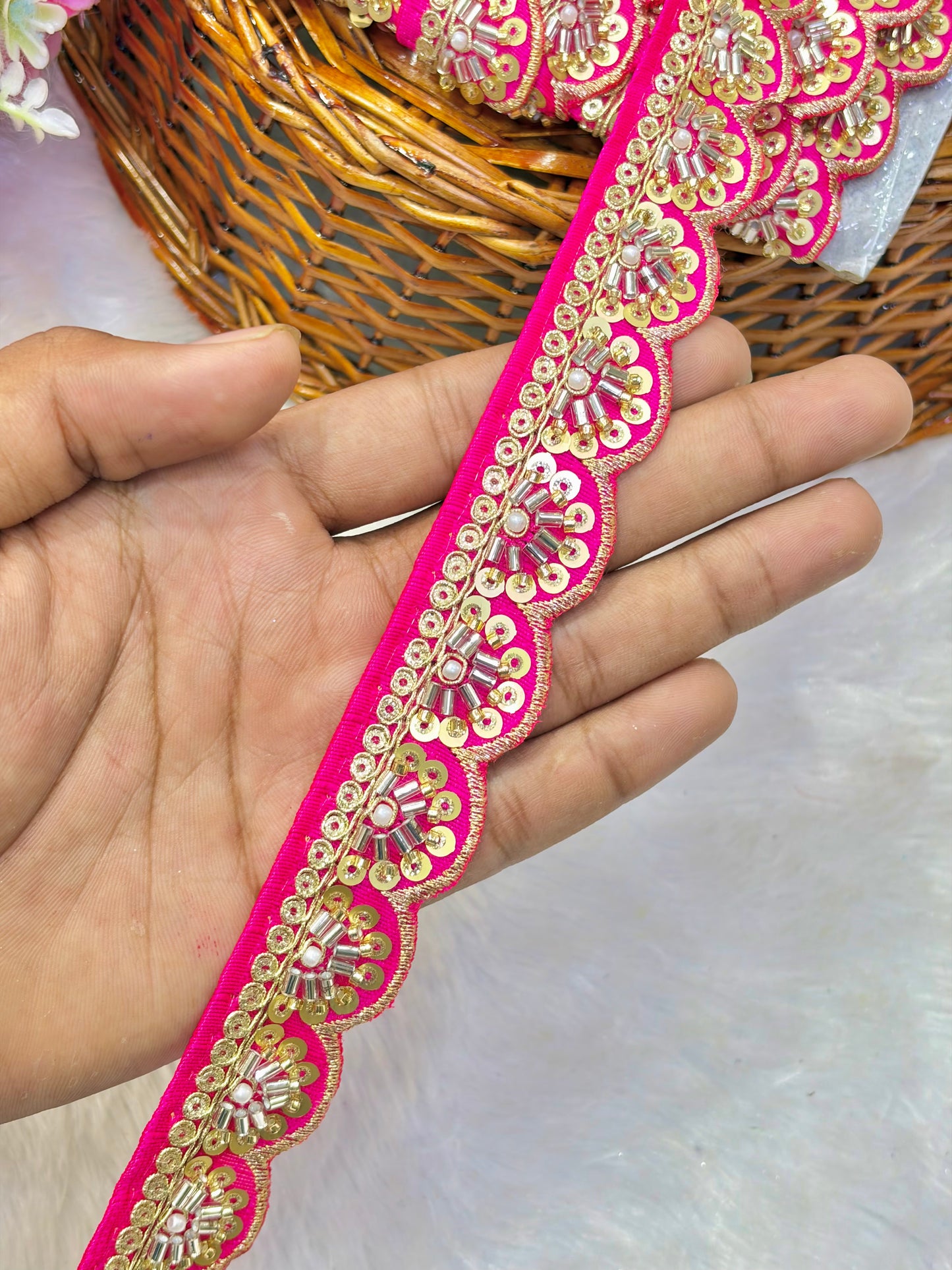 Premium Handmade Maggam Scallop Lace Border | Heavy Embroidered Designer Trim (Pack of 9 meter) cut work lace border(dark pink)