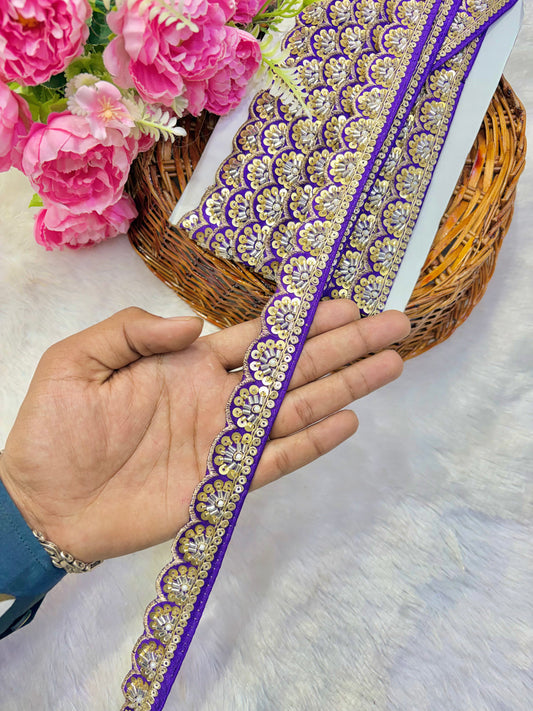 Premium Handmade Maggam Scallop Lace Border | Heavy Embroidered Designer Trim (Pack of 9 meter) cut work lace border purple