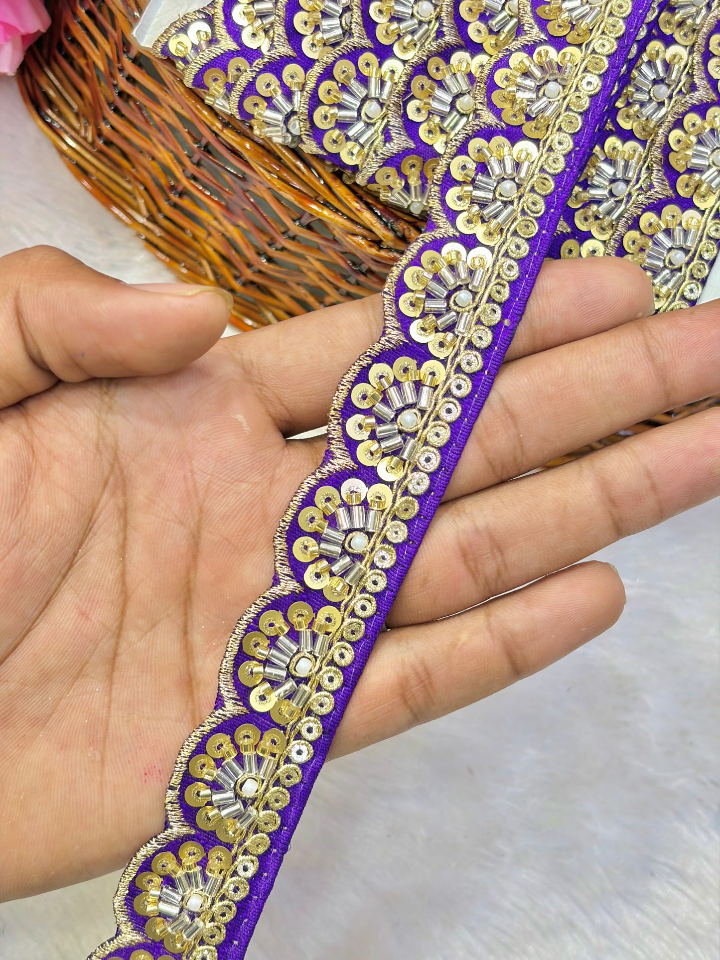 Premium Handmade Maggam Scallop Lace Border | Heavy Embroidered Designer Trim (Pack of 9 meter) cut work lace border purple