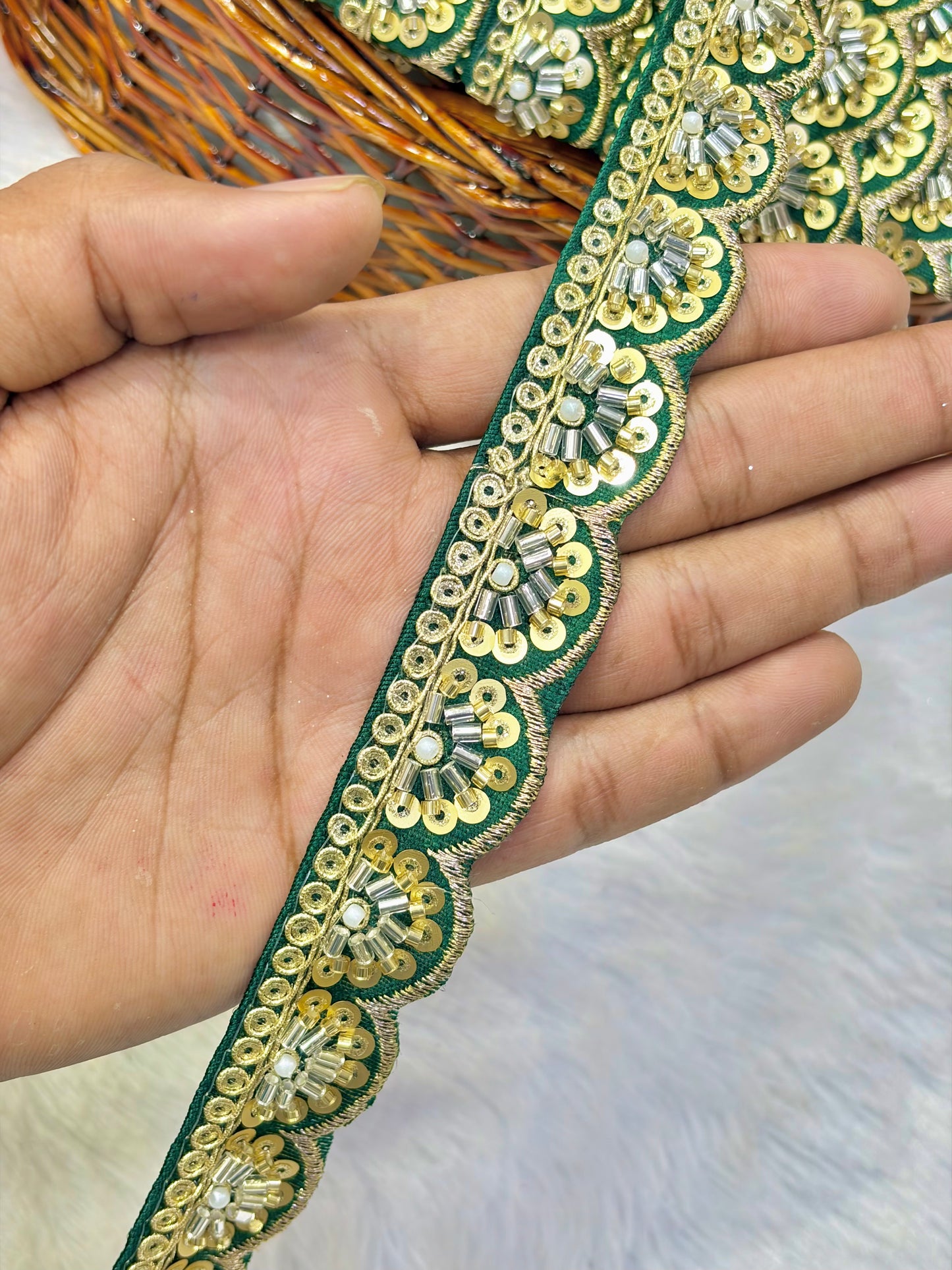 Premium Handmade Maggam Scallop Lace Border | Heavy Embroidered Designer Trim (Pack of 9 meter) cut work lace border green