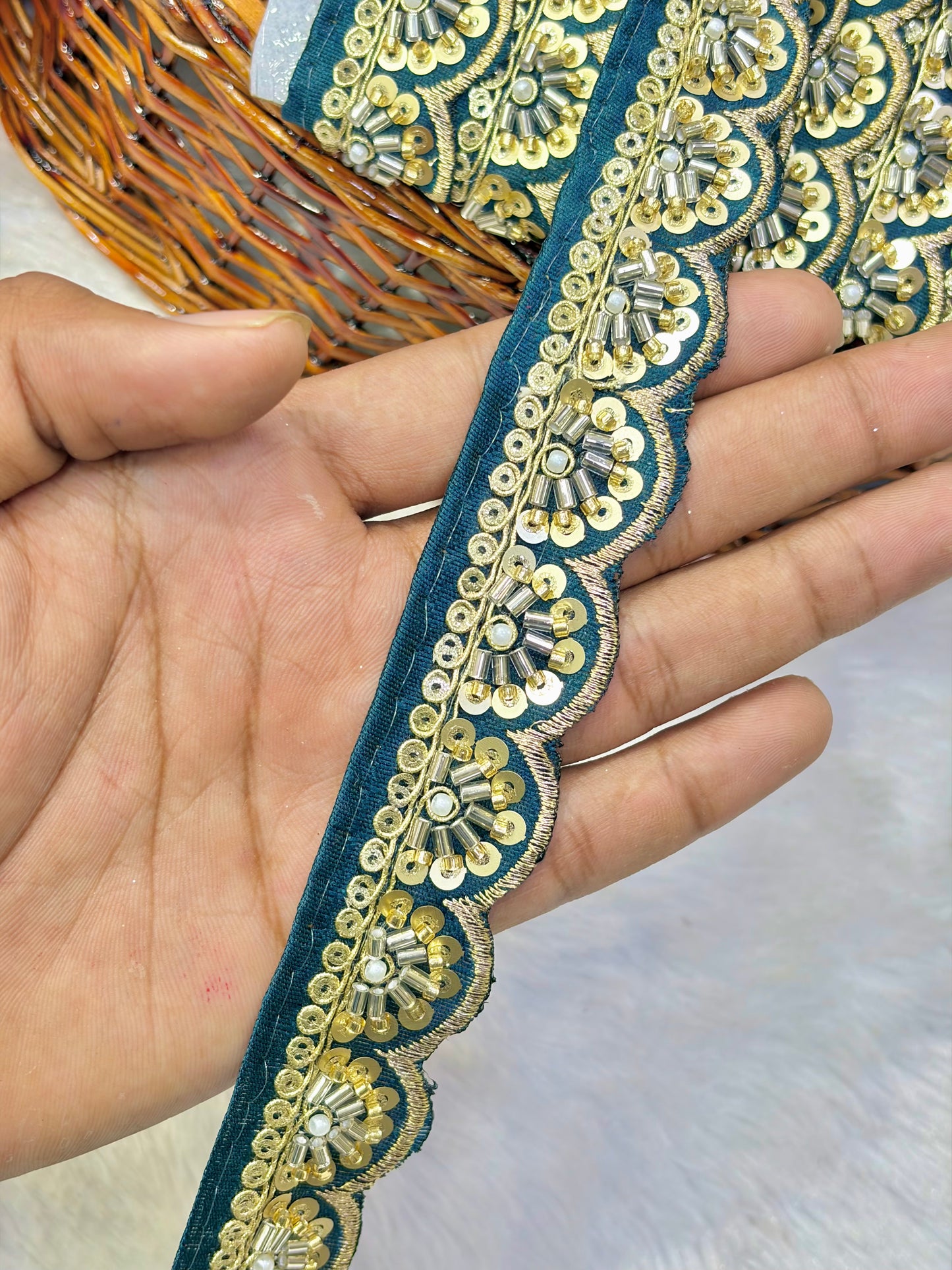 Premium Handmade Maggam Scallop Lace Border | Heavy Embroidered Designer Trim (Pack of 9 meter) cut work lace border teal blue