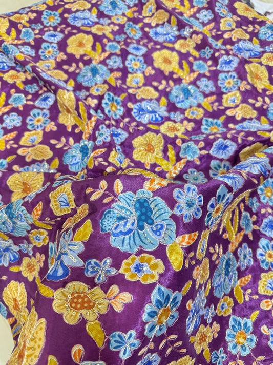 💐MULTI FLOWER POSTION PRINT ZARI SEQUINS WORK LUXURY BASE CHINON FABRIC purple 44inch width