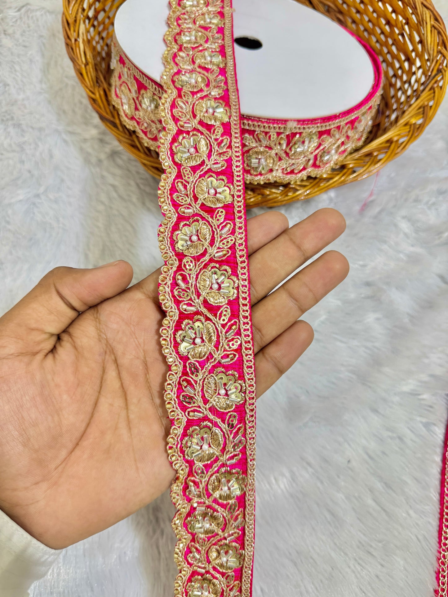 hand made cutdana lace border - peremium quality intricate embellishments for saare , lehengas bridal couture and luxury home decor pink
