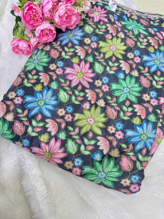 Pure chinon fabrics with multi flower 💐 44inch width lehanga frock gown blouse