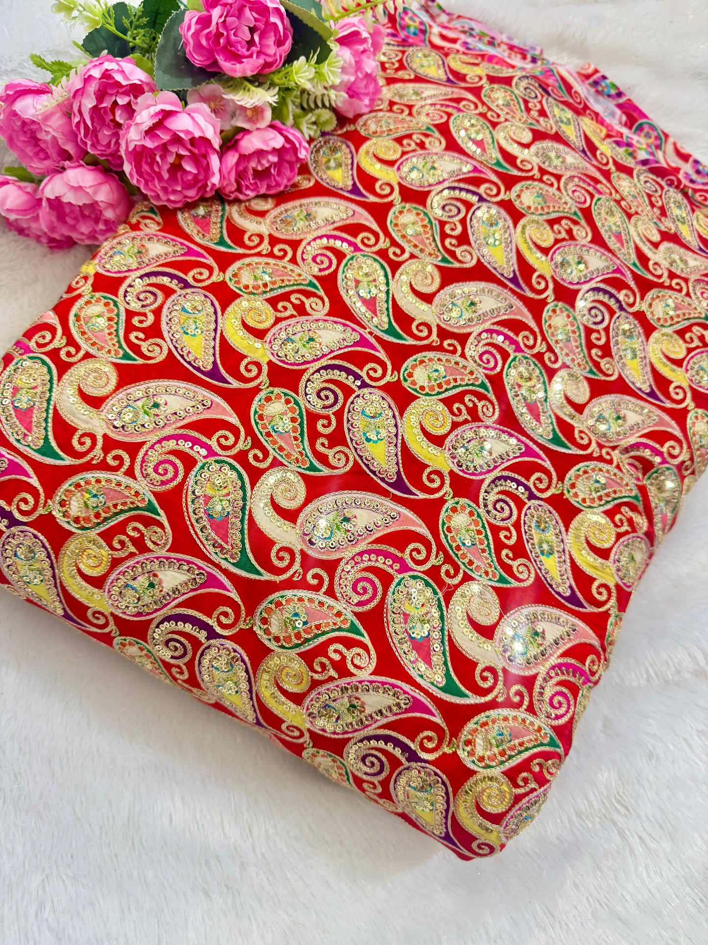 👗LUXURY NATURAL CRAPE FLORAL PRINT EMBROIDERY WITH SEQUINS 44 INCH WIDTH RED