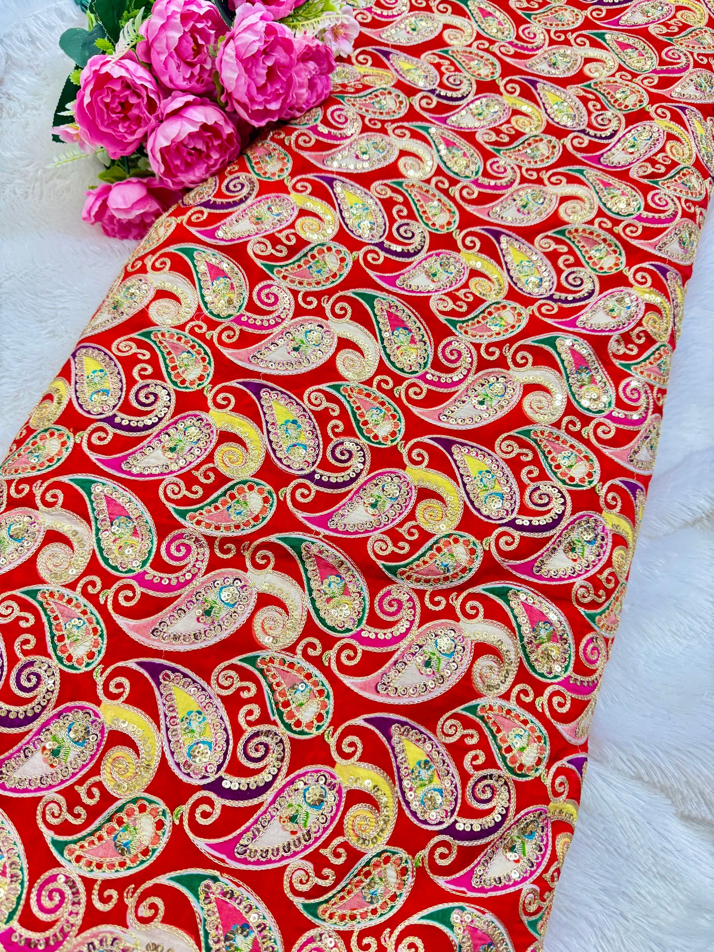 👗LUXURY NATURAL CRAPE FLORAL PRINT EMBROIDERY WITH SEQUINS 44 INCH WIDTH RED