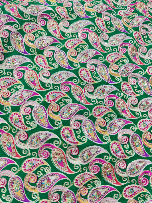 👗LUXURY NATURAL CRAPE FLORAL PRINT EMBROIDERY WITH SEQUINS 44 INCH WIDTH