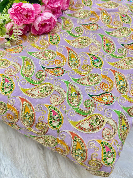 👗LUXURY NATURAL CRAPE FLORAL PRINT EMBROIDERY WITH SEQUINS 44 INCH WIDTH LAVENDER