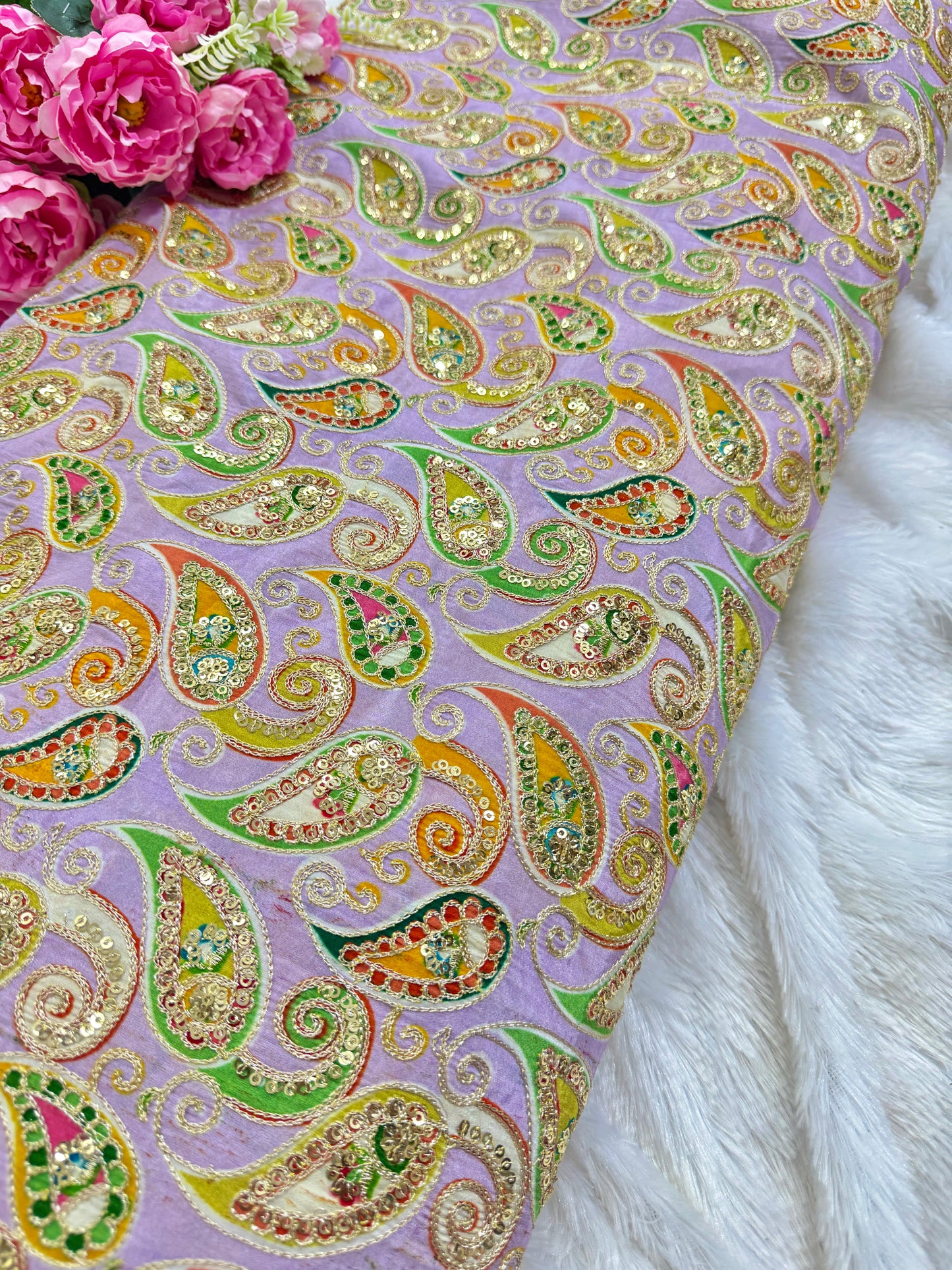 👗LUXURY NATURAL CRAPE FLORAL PRINT EMBROIDERY WITH SEQUINS 44 INCH WIDTH LAVENDER