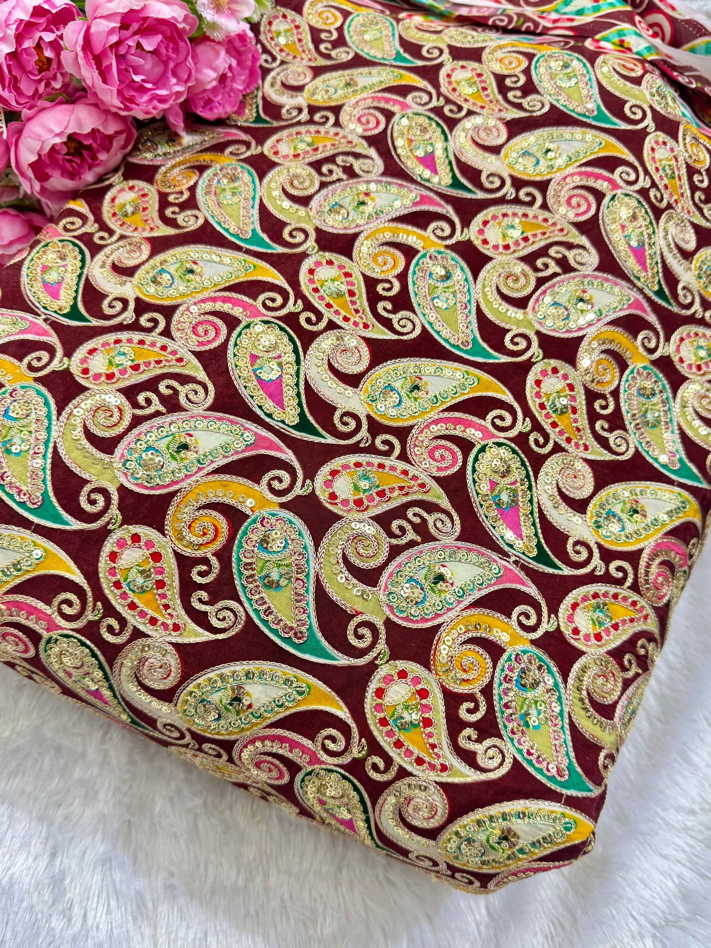 👗LUXURY NATURAL CRAPE FLORAL PRINT EMBROIDERY WITH SEQUINS 44 INCH WIDTH MAROON