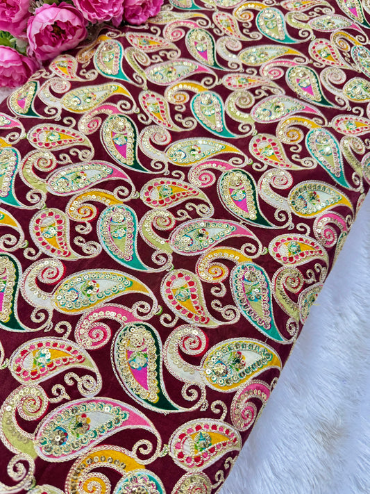 👗LUXURY NATURAL CRAPE FLORAL PRINT EMBROIDERY WITH SEQUINS 44 INCH WIDTH MAROON