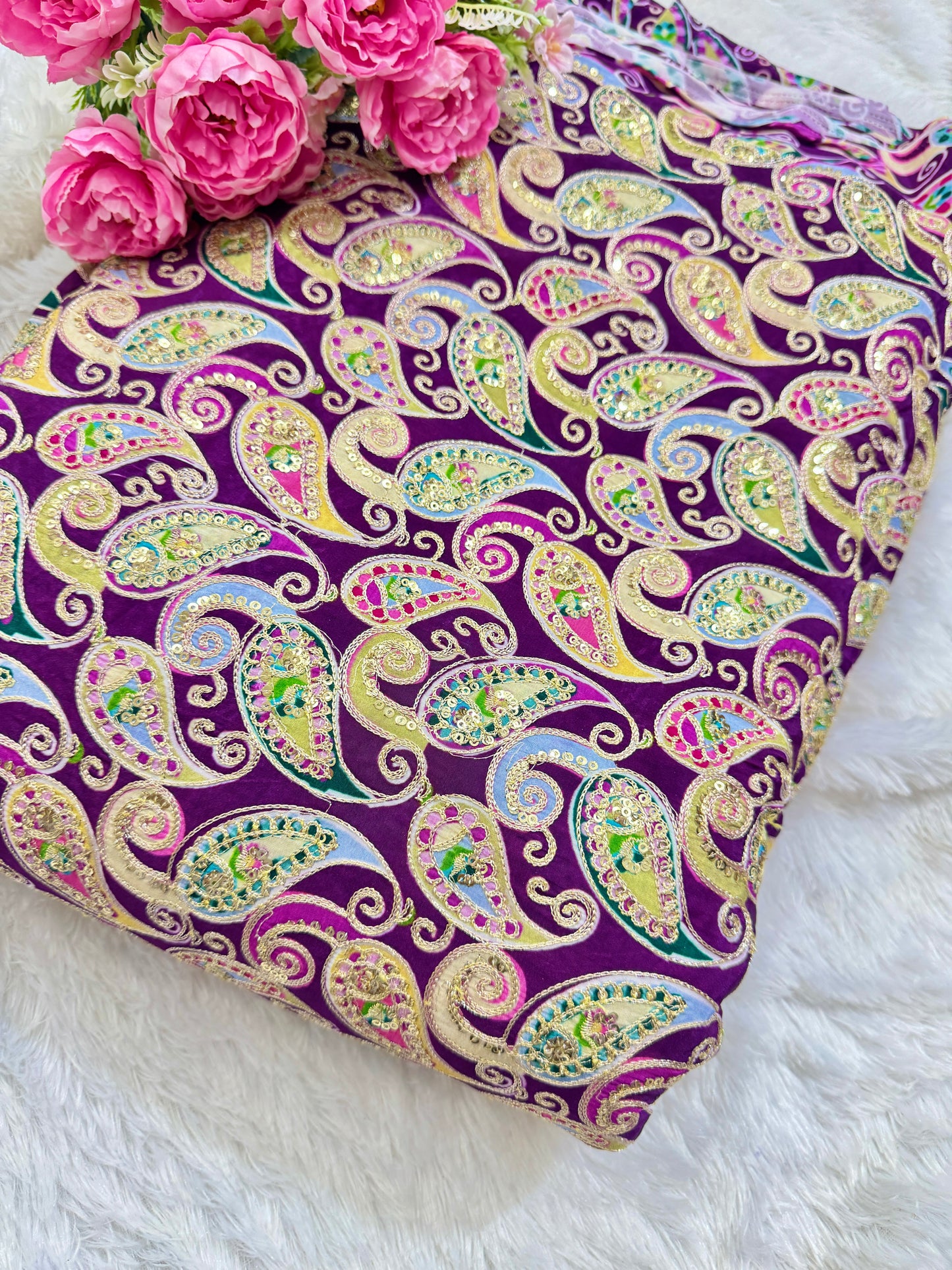 👗LUXURY NATURAL CRAPE FLORAL PRINT EMBROIDERY WITH SEQUINS 44 INCH WIDTH PURPLE