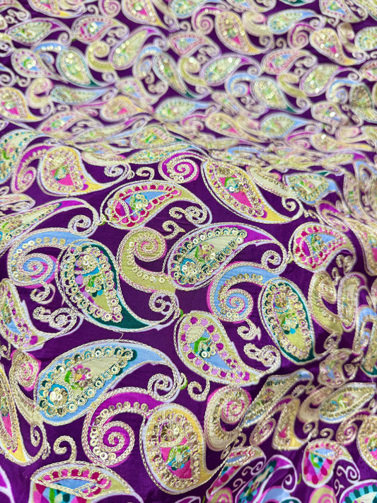 👗LUXURY NATURAL CRAPE FLORAL PRINT EMBROIDERY WITH SEQUINS 44 INCH WIDTH PURPLE