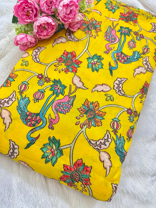 Pure chenon kalamkari animals design🦩 with position print width 44 blouse , lehanga, frock , 👗 👚 YELLOW