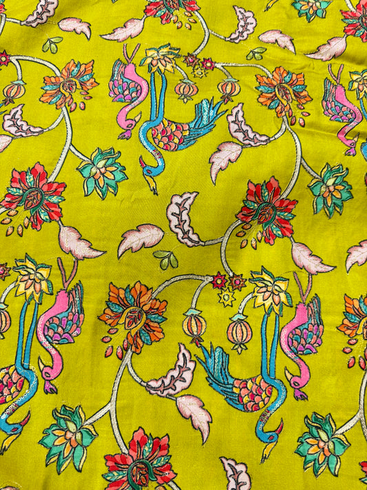 Pure chenon kalamkari animals design🦩 with position print width 44 blouse , lehanga, frock , 👗 👚 MEHANDI GREEN