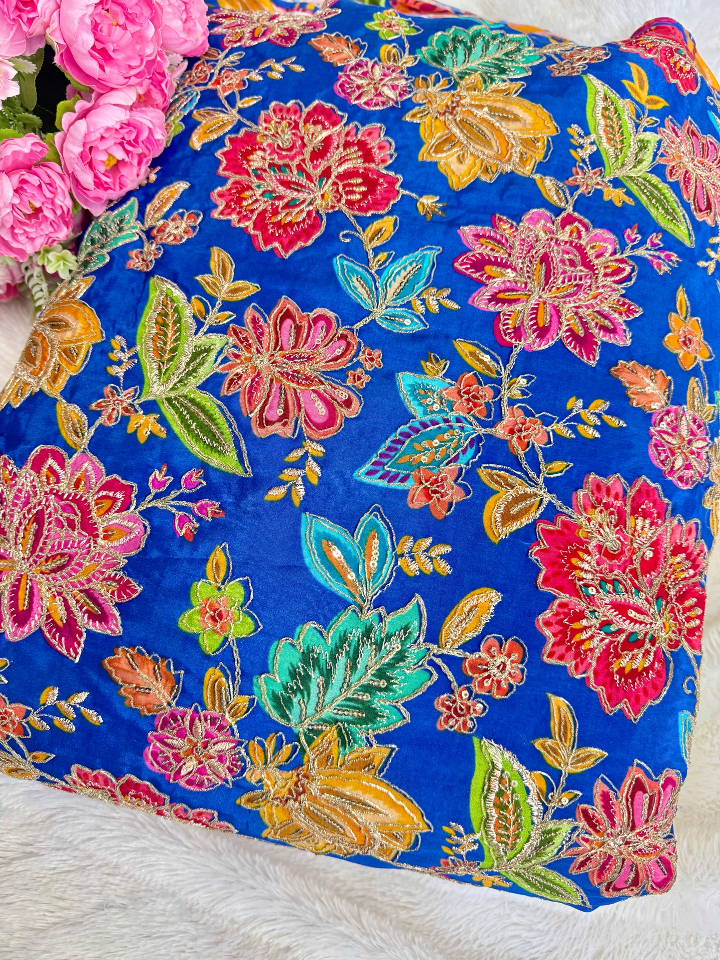 👗LUXURY NATURAL CRAPE FLORAL PRINT EMBROIDERY WITH SEQUINS 44 INCH WIDTH blue
