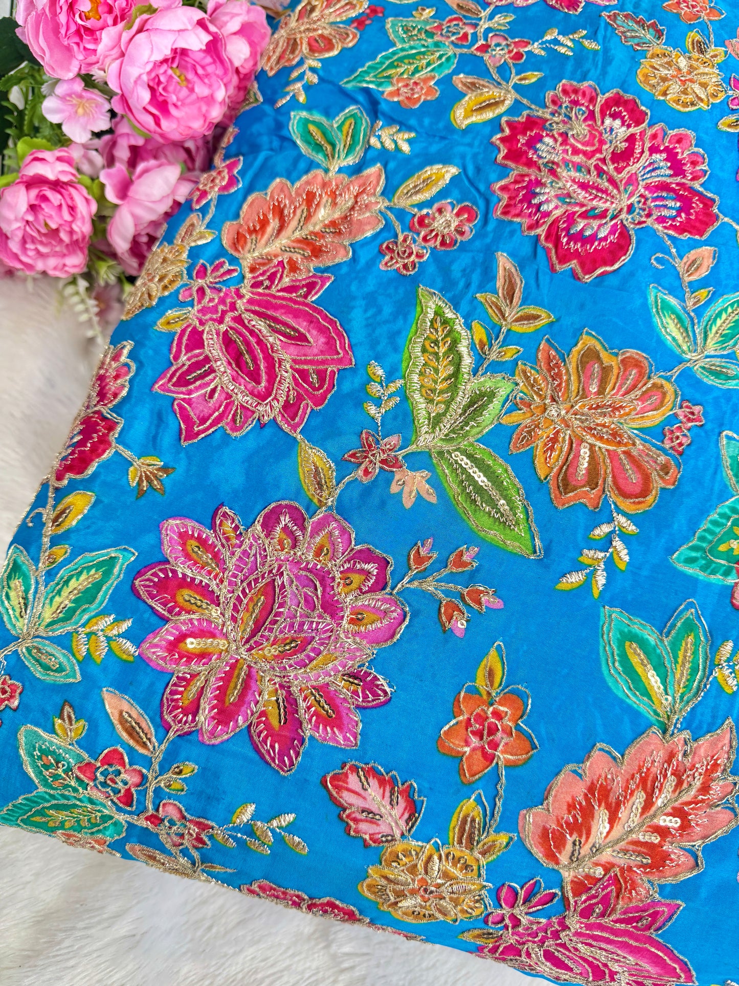 👗LUXURY NATURAL CRAPE FLORAL PRINT EMBROIDERY WITH SEQUINS 44 INCH WIDTH SKY BLUE