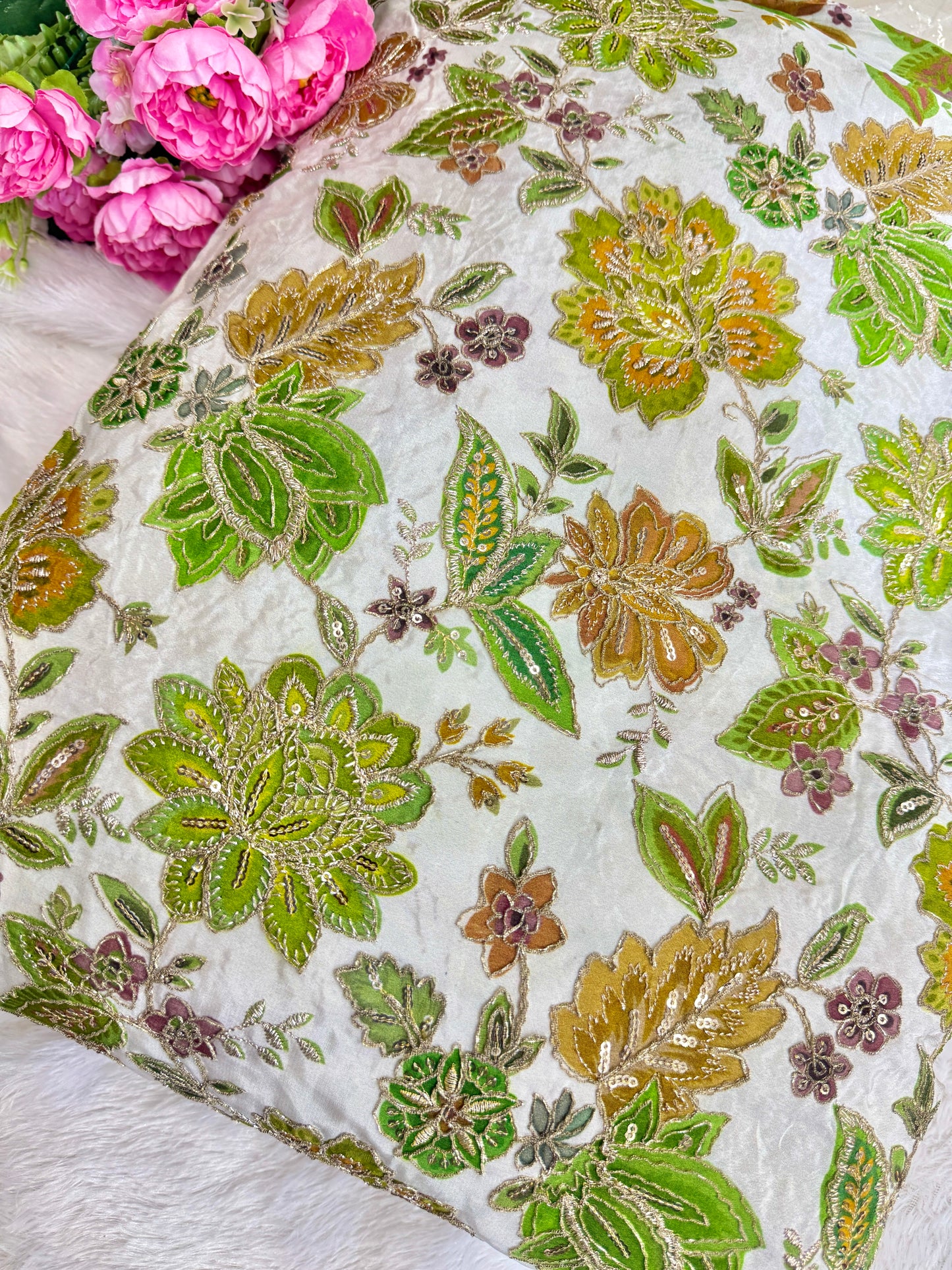 👗LUXURY NATURAL CRAPE FLORAL PRINT EMBROIDERY WITH SEQUINS 44 INCH WIDTH PARROT GREEN WITH WHITE BASE