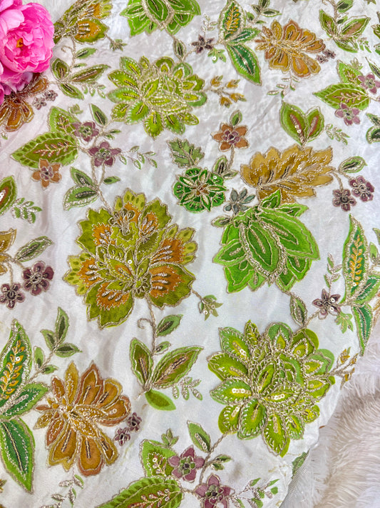 👗LUXURY NATURAL CRAPE FLORAL PRINT EMBROIDERY WITH SEQUINS 44 INCH WIDTH PARROT GREEN WITH WHITE BASE