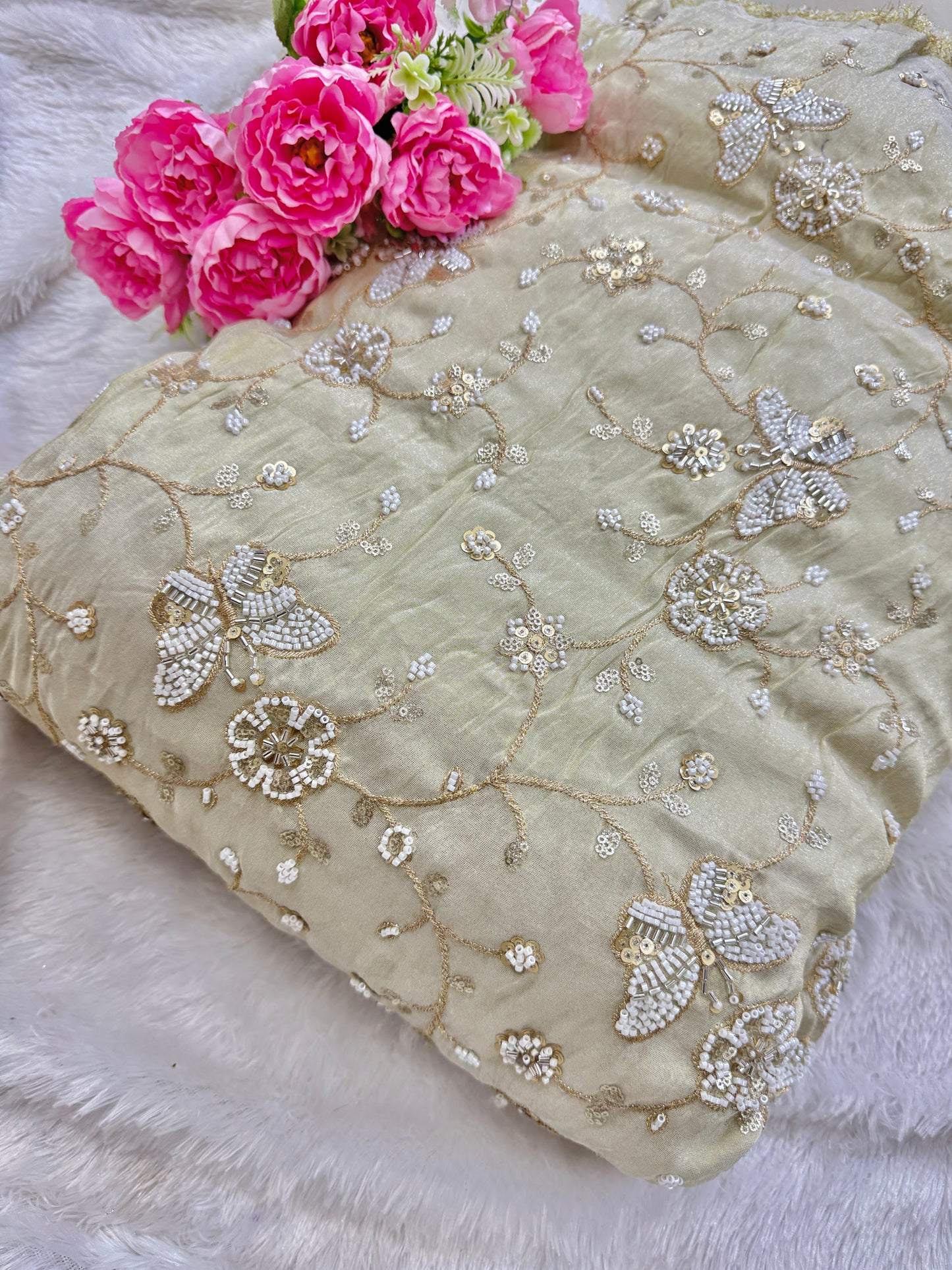 👗ZARI TISSUE HANDWORK WITH BUTTERFLY DESING EMBROIDERY 44-45 INCH WIDTH (DYBLE ) ✅