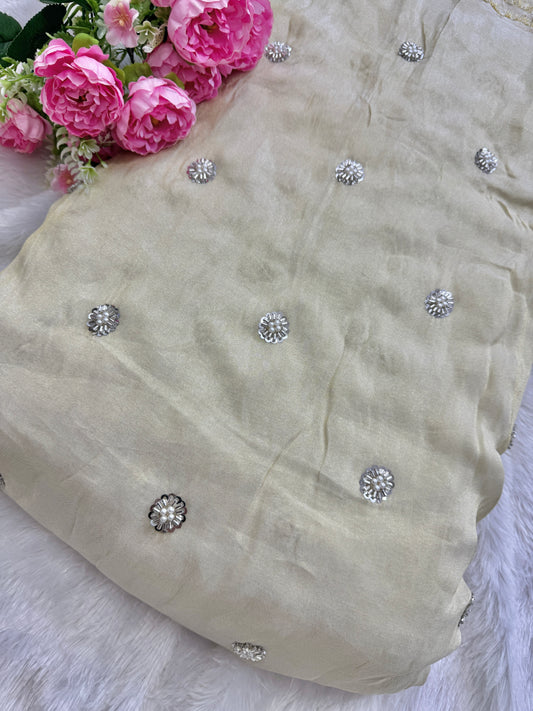 👗ZARI TISSUE HANDWORK BOTI SILVER 44-45 INCH WIDTH (DYBLE ) ✅