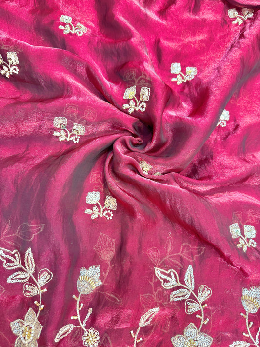 Luxurious👗 fendy fabric with– Floral & Heavy Border Work with zari work sari,lehanga, Anarkali , gown and etc 44-45inch width