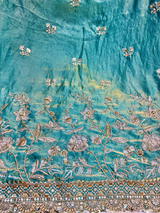 Luxurious👗 fendy fabric with– Floral & Heavy Border Work with zari work sari,lehanga, Anarkali , gown and etc 44-45inch width