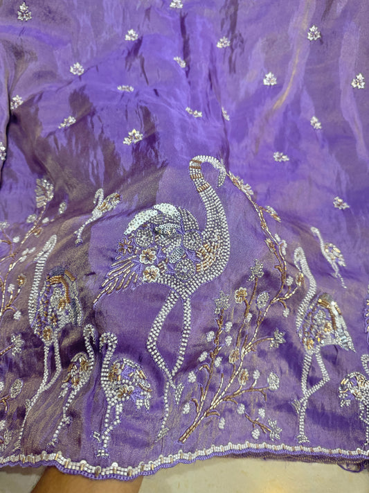 👗🥻Premium Viscose Tissue handwork with Embroidered Fabric – Swan & Floral Motif beads work 60inch width