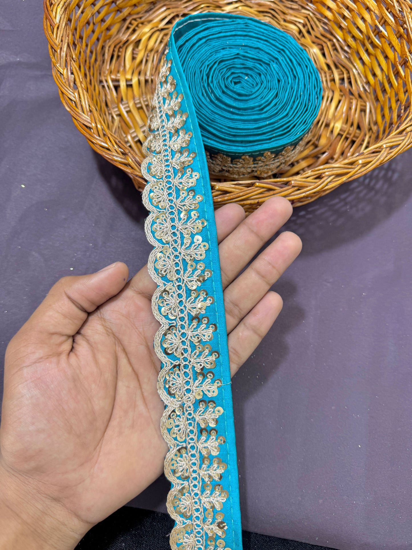 rawsilk fancy lace border with coding work sequence (pack of 9 meter)Turquoise Blue.