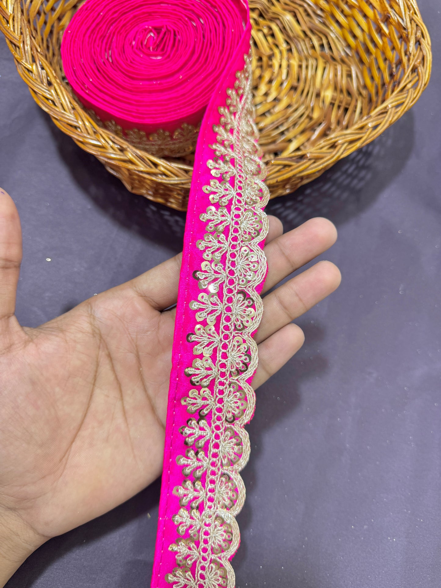 rawsilk fancy lace border with coding work sequence (pack of 9 meter) bright pink