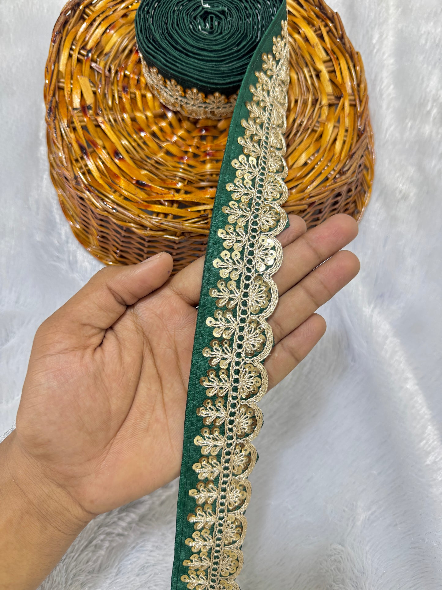 rawsilk fancy lace border with coding work sequence (pack of 9 meter) bottle green