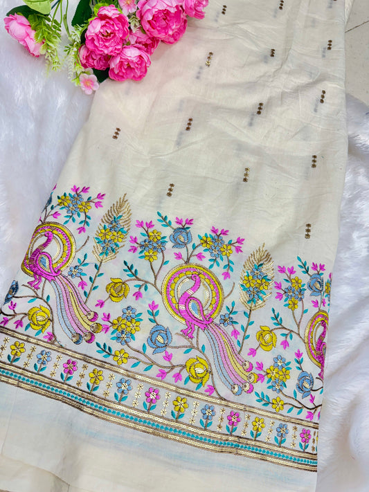 Kora cotton with beautiful border thread ๐งต embroidery, ๐๐ธflower design 44-45width (dyble )โ