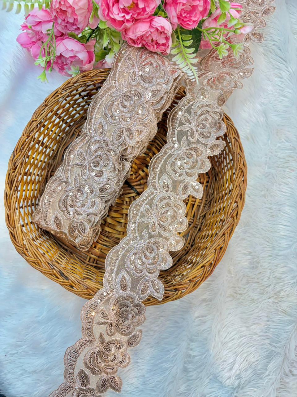 Blush Royale Floral Sequin Lace Border – Luxury Designer Trim (9 Meter Pack)