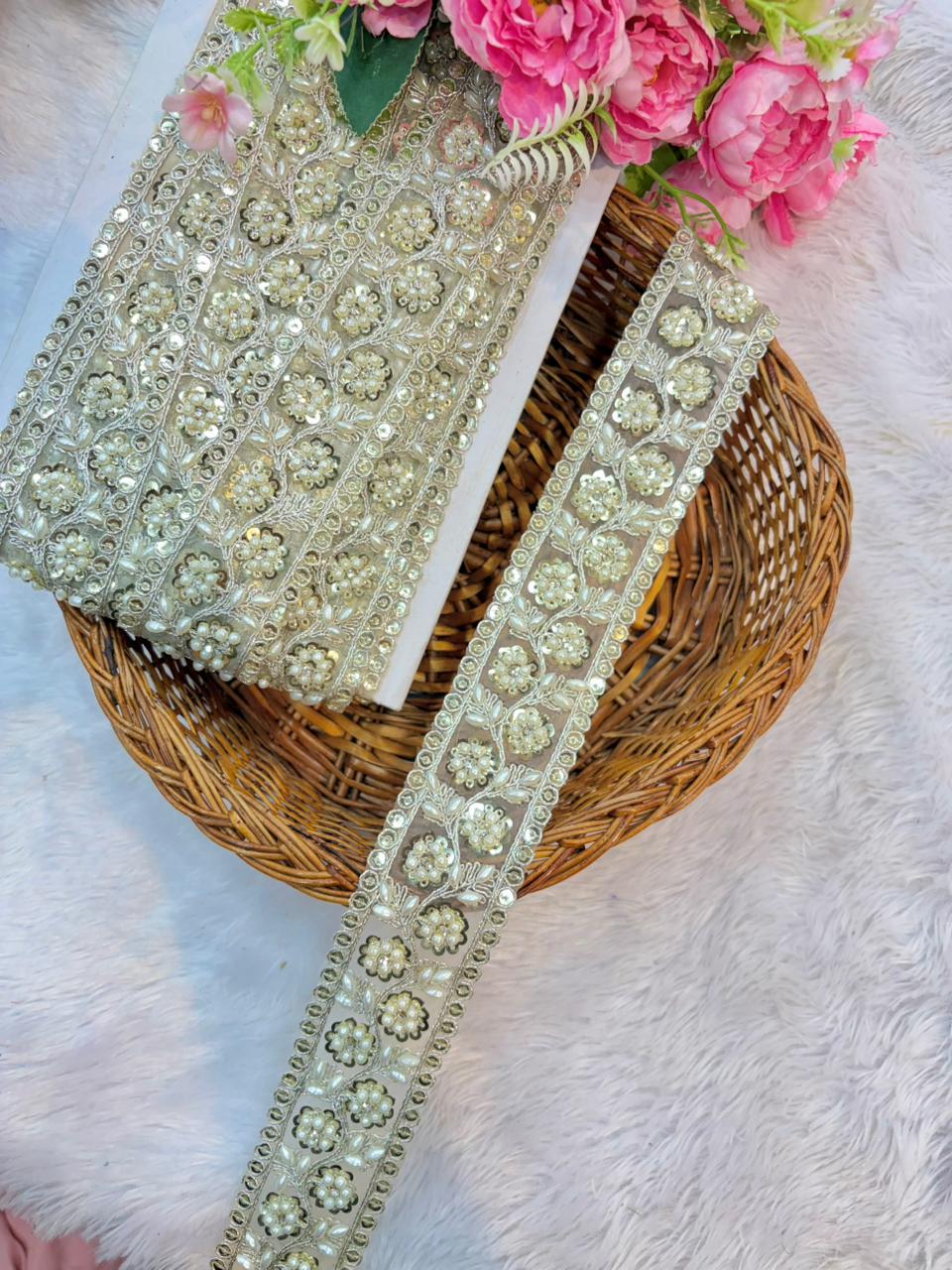 Royal Pearl Blossom Zari Lace Trim – Luxury Handmade Designer Border (9 Meter Pack)