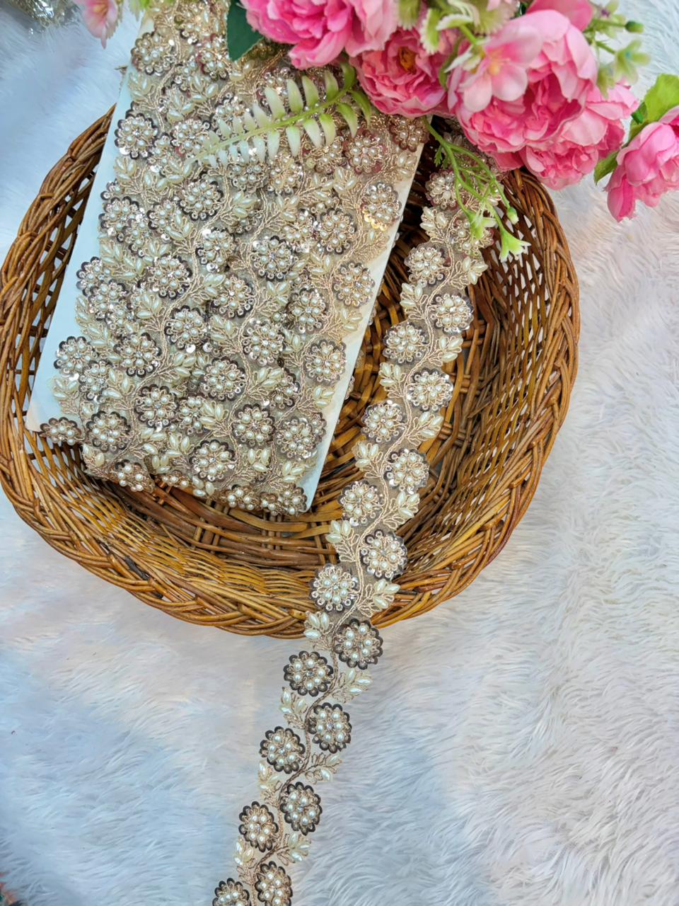 Royal Pearl Blossom Zari Lace Trim – Luxury Handmade Designer Border (9 Meter Pack)