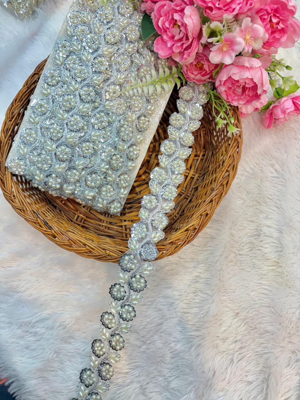 Royal Pearl Blossom Zari Lace Trim – Luxury Handmade Designer Border (9 Meter Pack)