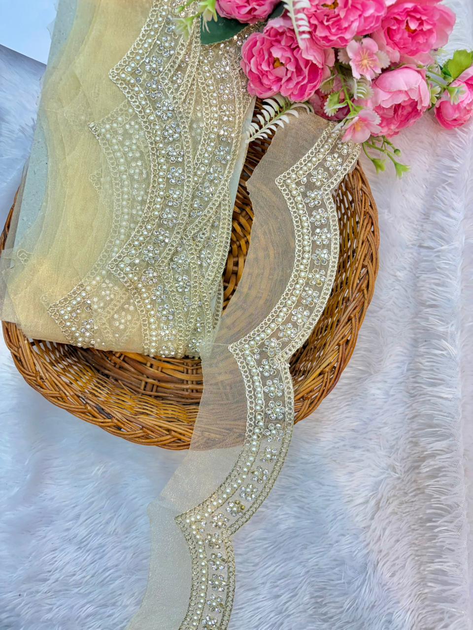 Royal scallop stone pulse Blossom Zari Lace Trim – Luxury Handmade Designer Border (9 Meter Pack)