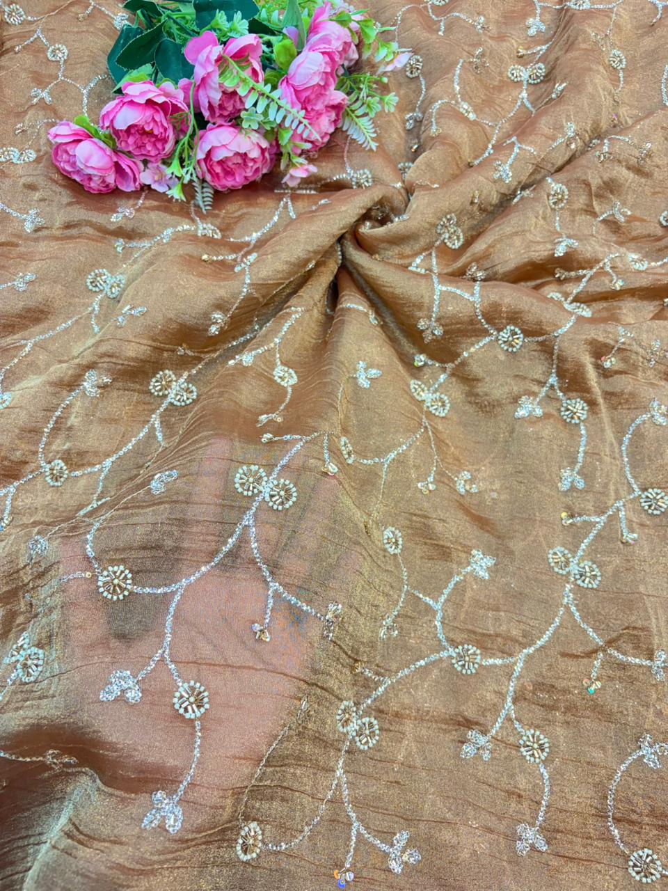 exclusive hand made Pearl Glass Tissue Fabric lehanga frock gown Sare width 44