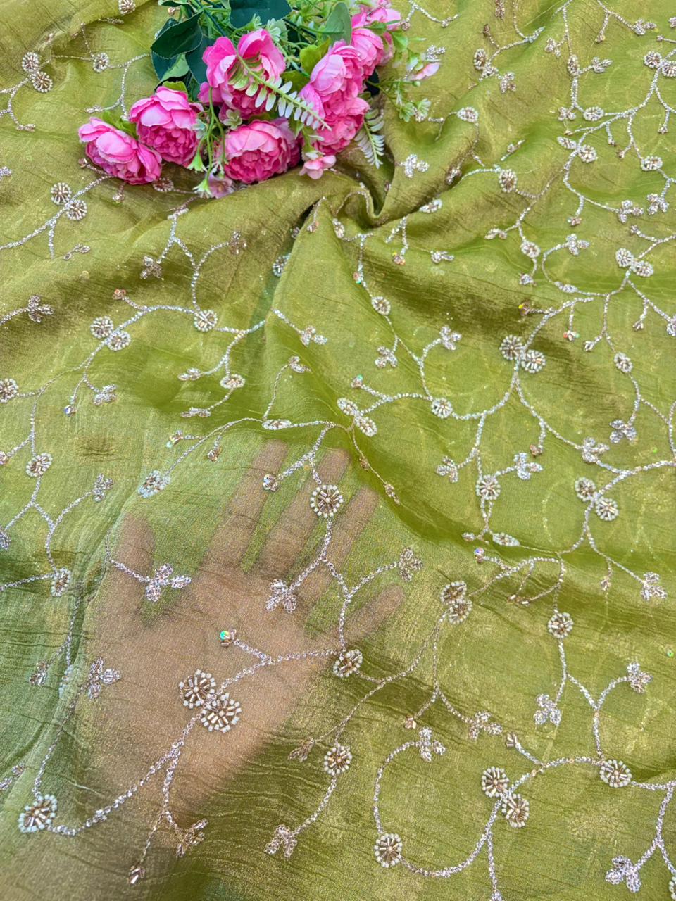 exclusive hand made Pearl Glass Tissue Fabric lehanga frock gown Sare width 44