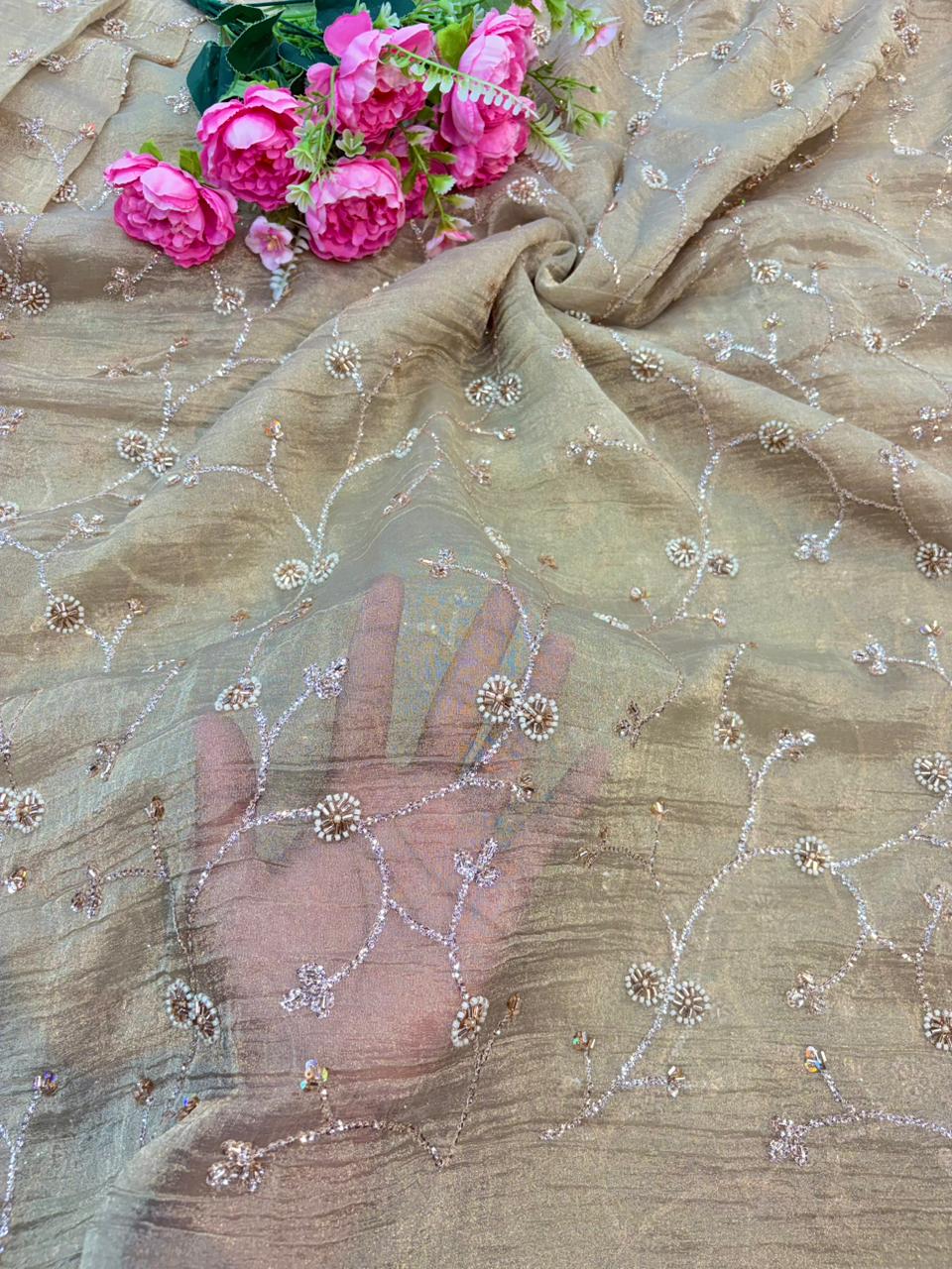 exclusive hand made Pearl Glass Tissue Fabric lehanga frock gown Sare width 44