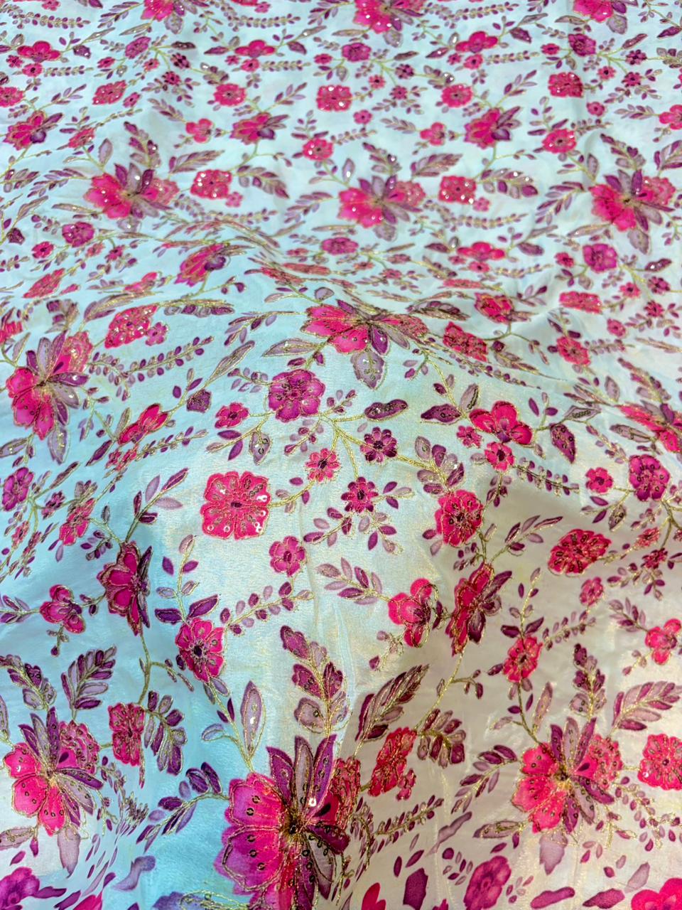 Pure Dola Silk with Artisanal Positional Prints & Zari beautiful flower design width 44 Blouse,lehanga, frock
