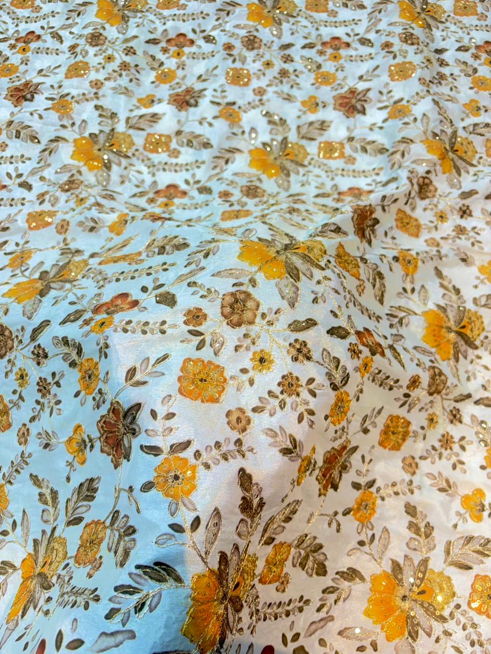 Pure Dola Silk with Artisanal Positional Prints & Zari beautiful flower design width 44 Blouse,lehanga, frock