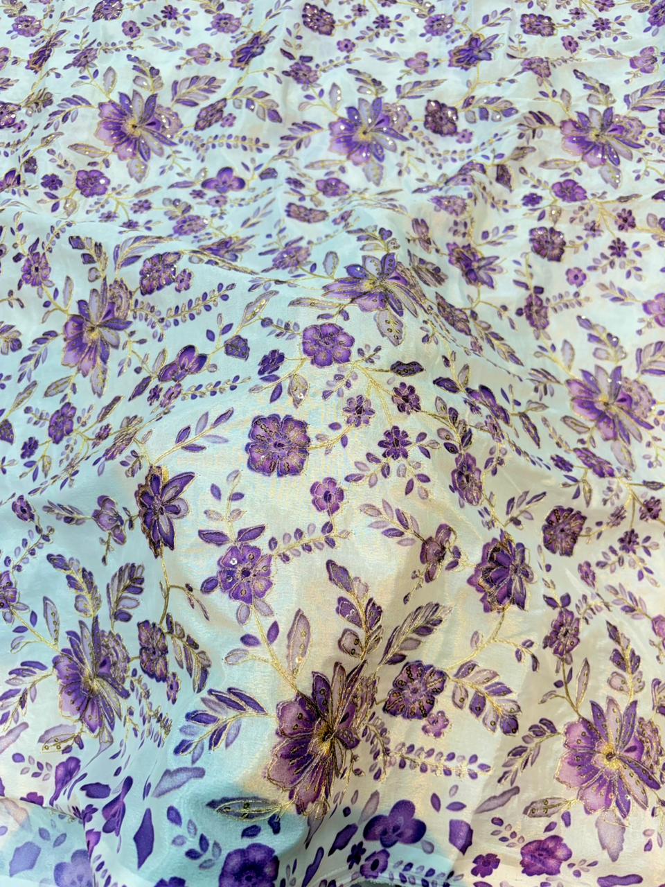 Pure Dola Silk with Artisanal Positional Prints & Zari beautiful flower design width 44 Blouse,lehanga, frock