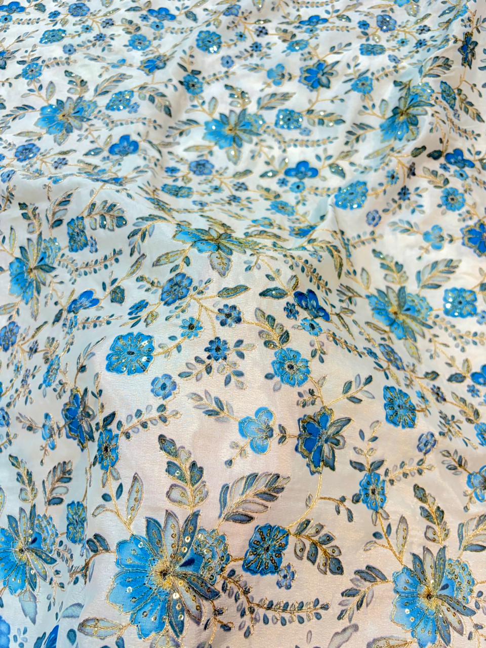 Pure Dola Silk with Artisanal Positional Prints & Zari beautiful flower design width 44 Blouse,lehanga, frock