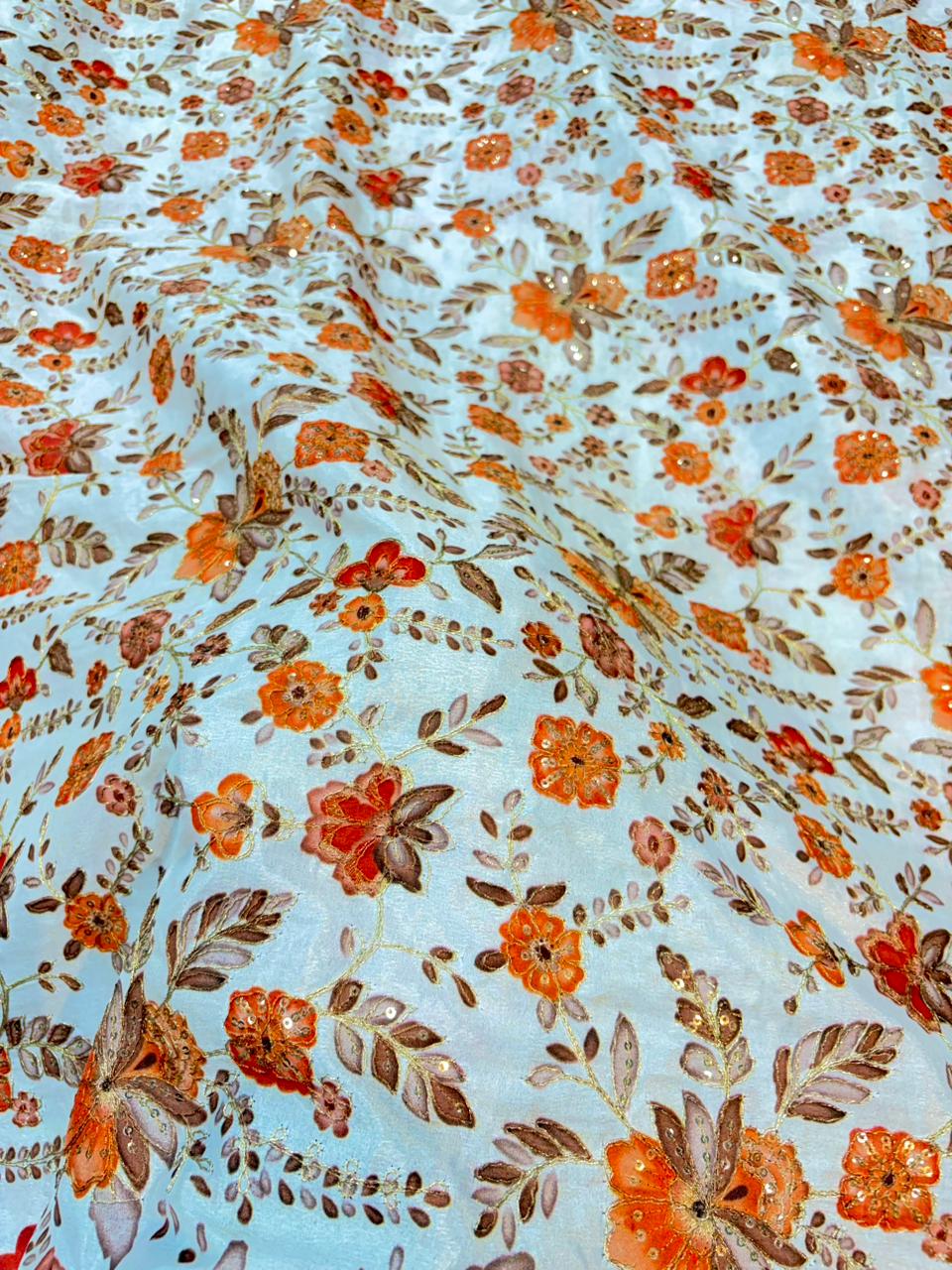 Pure Dola Silk with Artisanal Positional Prints & Zari beautiful flower design width 44 Blouse,lehanga, frock