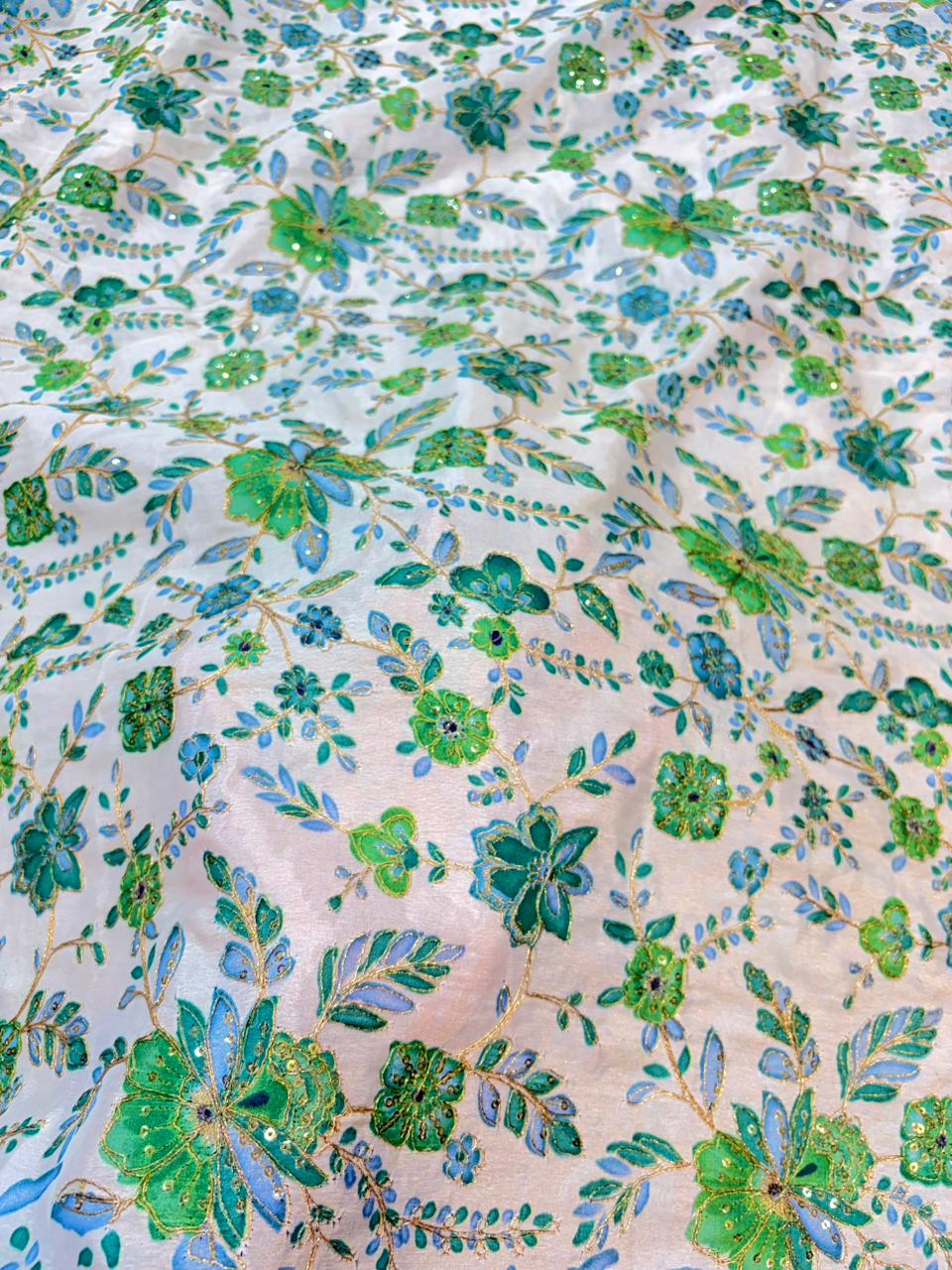 Pure Dola Silk with Artisanal Positional Prints & Zari beautiful flower design width 44 Blouse,lehanga, frock