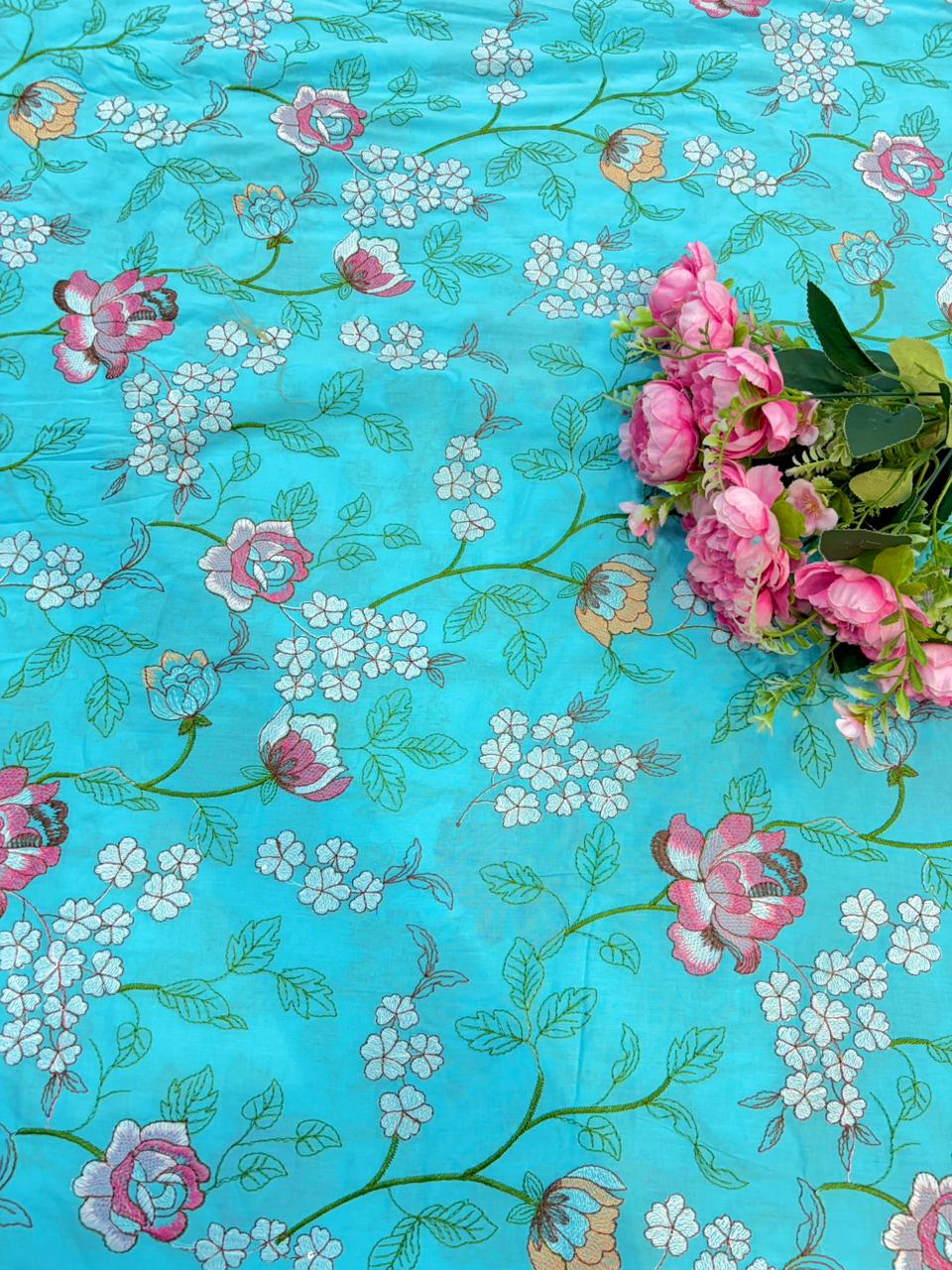 Blush Garden Pure 100% Cotton Embroidered Fabric width44