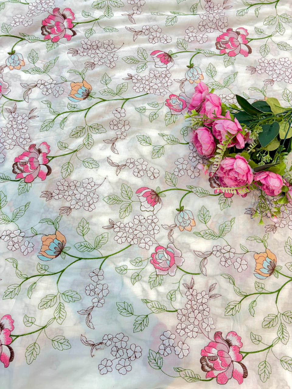 Blush Garden Pure 100% Cotton Embroidered Fabric width44