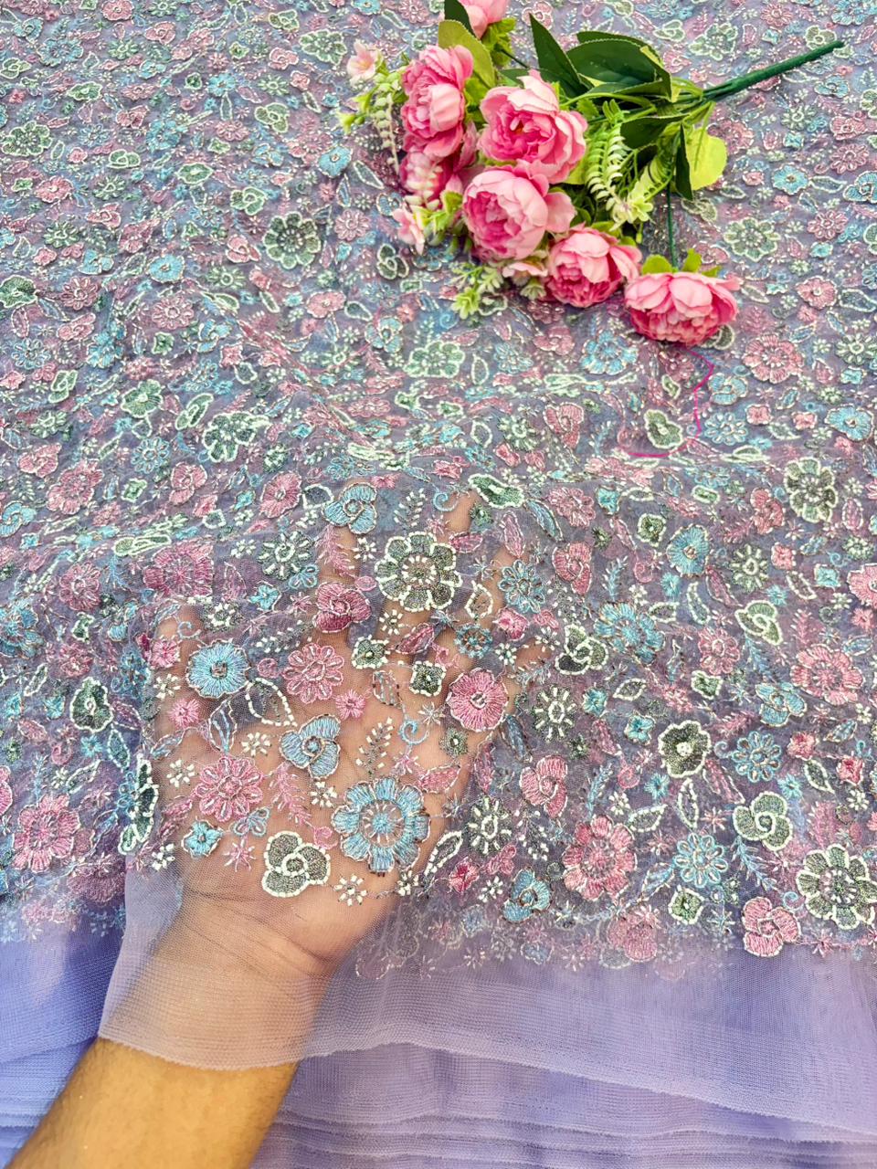 💫Royal Floral Embroidered Net Couture Fabric” beats work 44width