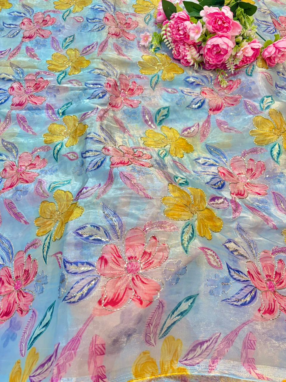 Beautiful Pastel Bloom Beaded Organza beautiful floral print width 44
